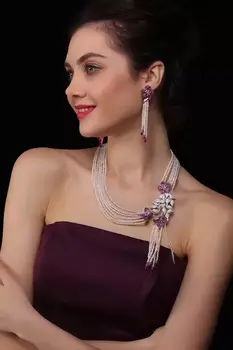 

Qi Xuan_Jewelry Set_Freshwater Pearl Necklace Red Blue Green Fringe Earrings in Sterling Silver Hand Inlaid Independent Design