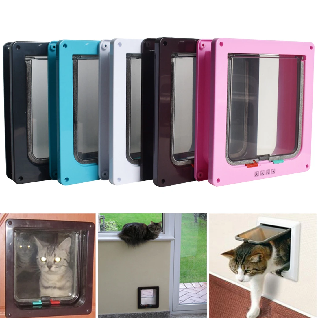 

4 Way Lockable Security Flap Door for Dog Cat Kitten Wall Mount Door ABS Plastic Animal Small Pet Cat Dog Gate Door
