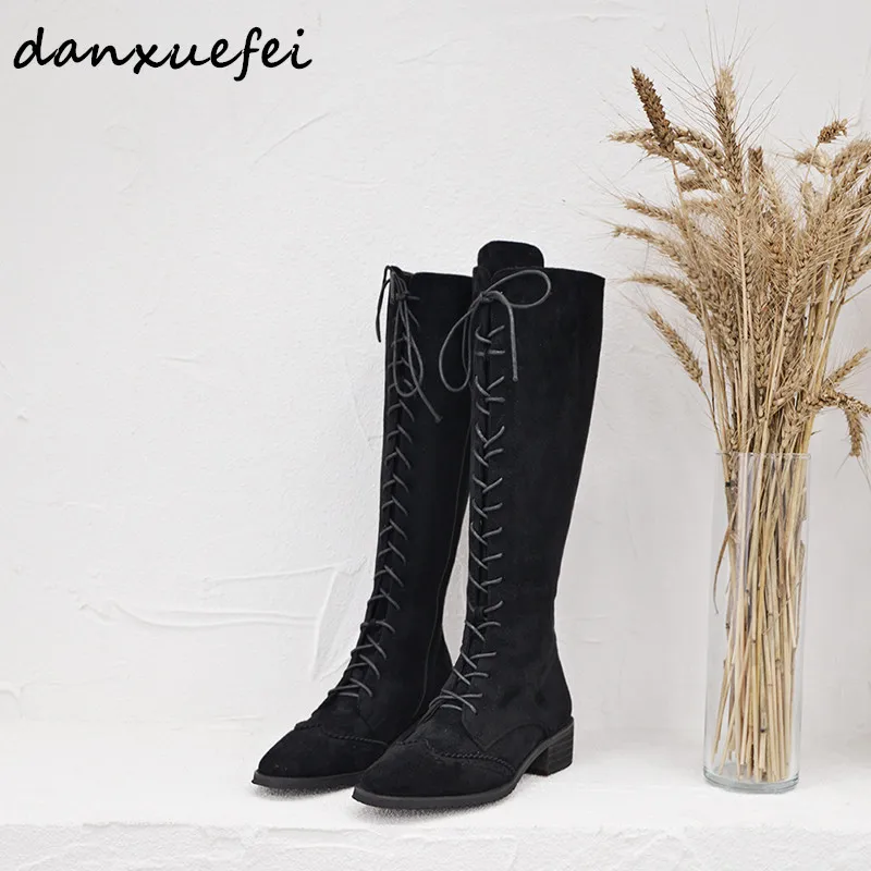 Women's Genuine Suede Leather Lace up Knee High Knight Boots Brand ...