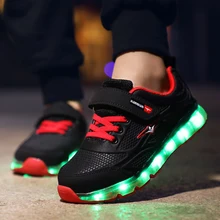 Новинка года; Детские светящиеся кроссовки; светящаяся обувь для мальчиков и девочек; модный светильник; повседневная детская обувь; 7 цветов; Зарядка от USB; Цвет черный, красный
