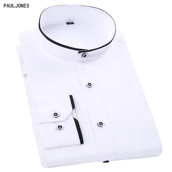 

PAULJONES New Long Sleeve Mandarin Collar Men Dress Shirts White Black Vintage Chinese Style Tranditonal Casual Business Shirts