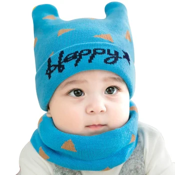 

Knit Warm Baby Hat Set Bear Ears Beanie + Crochet Infant Scarf Autumn Winter Baby Hat Set Letter Print Newborn Baby Boy Clothing