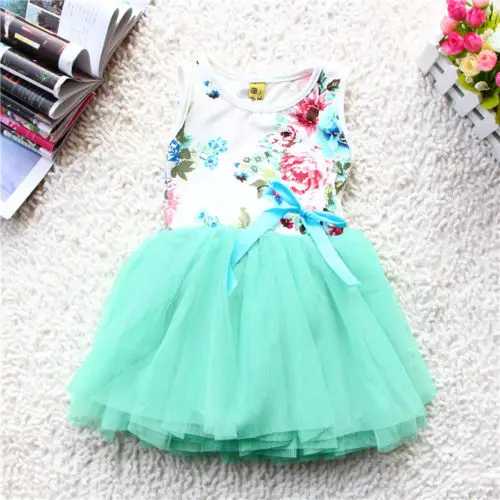Детское платье для маленьких девочек вечерние платья-пачки без рукавов с цветочным принтом и бантом, сарафан - Цвет: Зеленый