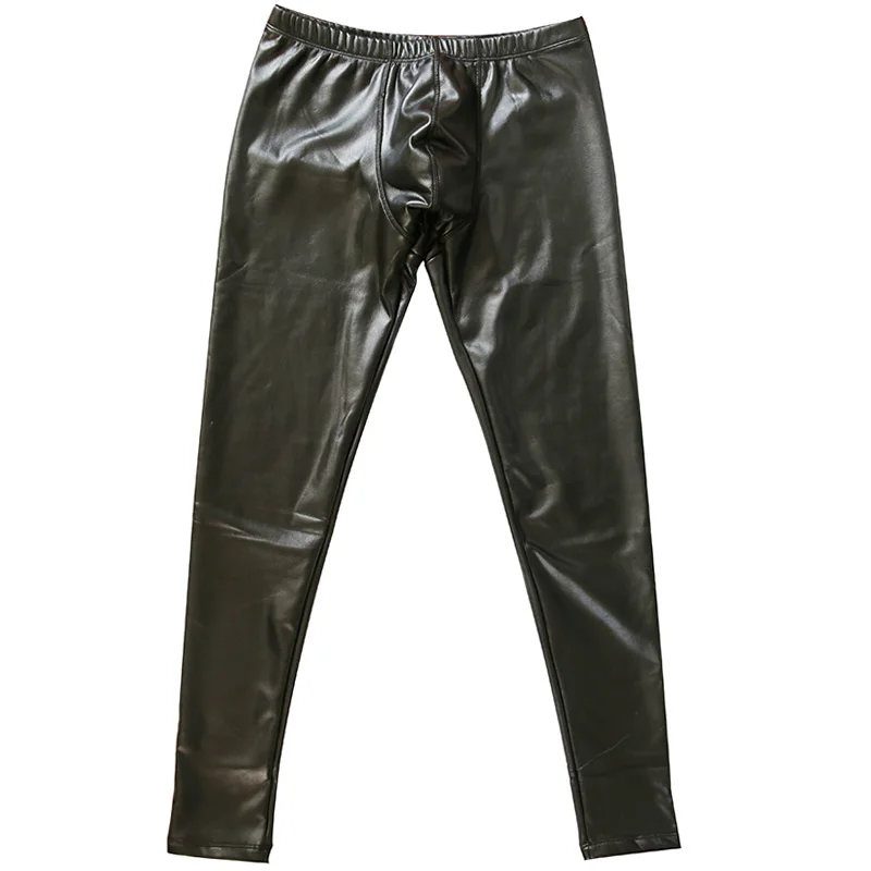 Looch low waist male long johns plus velvet thickening warm pants sexy elastic PU legging tight