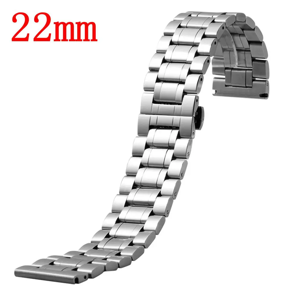 22mm Mens Silver Solid Stainless Steel Wrist Watch Band Strap Watchband Replace Band With 2