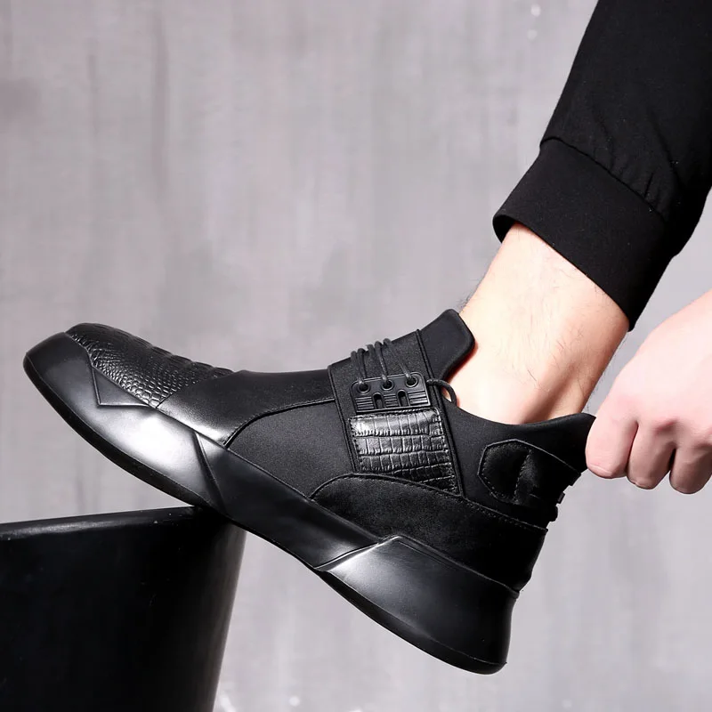 Ботинки из кожи с натуральным лицевым покрытием для подиума на толстой подошве; зимние мужские кроссовки на платформе; черные ботинки в стиле пэчворк; высокие кроссовки; меховые ботильоны