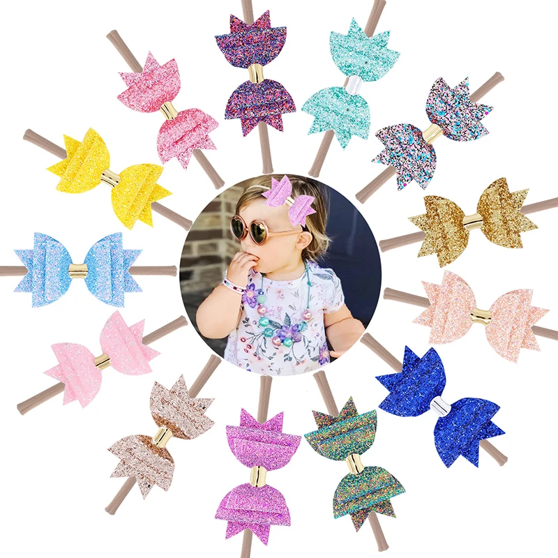 

13pcs/set Sequins Girls Hair Bows Glitter Nylon Headbands Tiara Soft Stretch Hairbands Turban Photo Party Head Wear Headdress