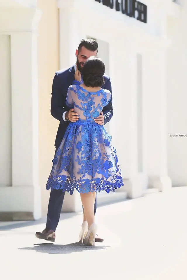 Королевский синий платья для выпускного вечера А-силуэта с длинными рукавами длиной до колен кружевные Элегантные Короткие коктейльные платья