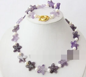 

huij 003659 beautiful white pearls Amethyst pentagon stone necklace bracelet Set