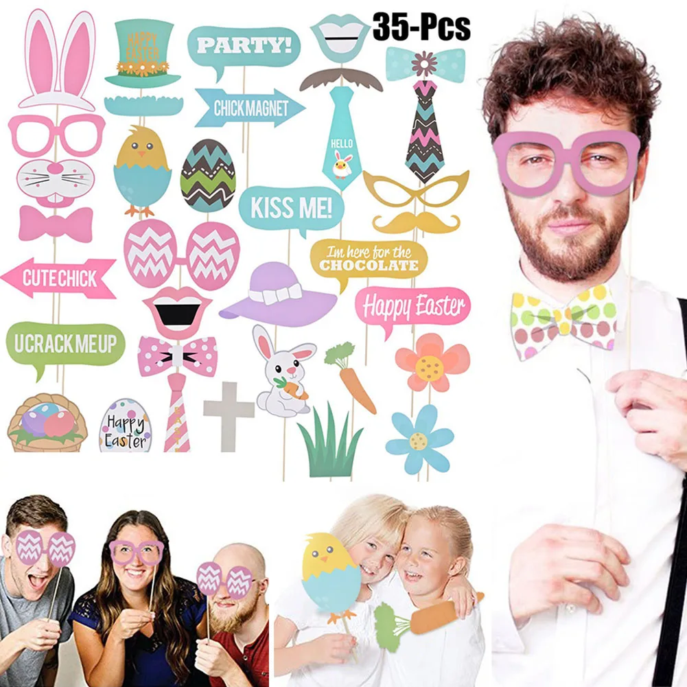 

35Pcs/set Easter Funny Paper Favors Decoration Photo Booth Props Wedding DIY Reusable Birthday Rabbit Party Festival Supplies