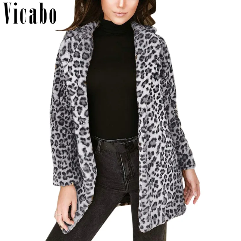 Vicabo Luxury Leopard Print Faux Fur Coat Women Winter