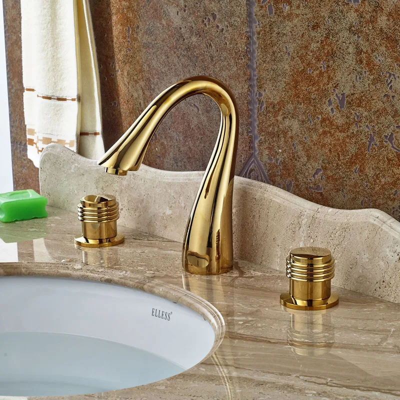 

Gold Polished 3pcs Widespread Height Spout Bathroon Basin Mixer Tap 3 Holes Deck Mount
