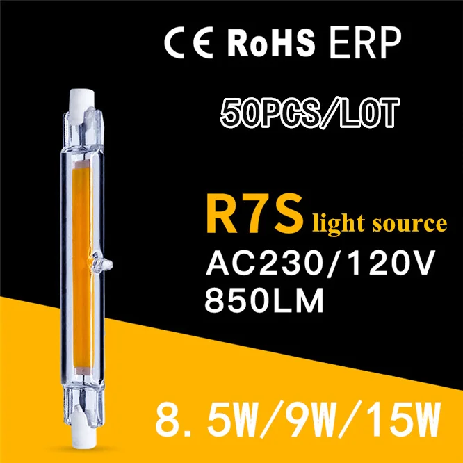

50PCS R7S COB LED Lamp Bulb Glass Tube for Replace Halogen Light Spot Light 118mm AC 230V/120V 8.5W 9W 15W IC power supply IP65