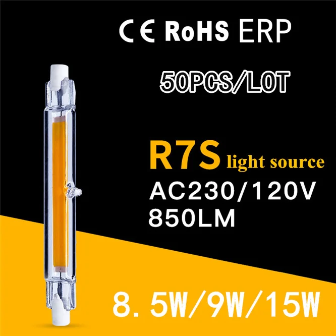 50PCS R7S COB LED Lamp Bulb Glass Tube for Replace Halogen Light Spot Light 118mm AC 230V/120V 8.5W 9W 15W IC power supply IP65 50pcs ll41 smd 1w zener diode zm4743a 4744a 4745a cylindrical glass tube 13v 15v 16v