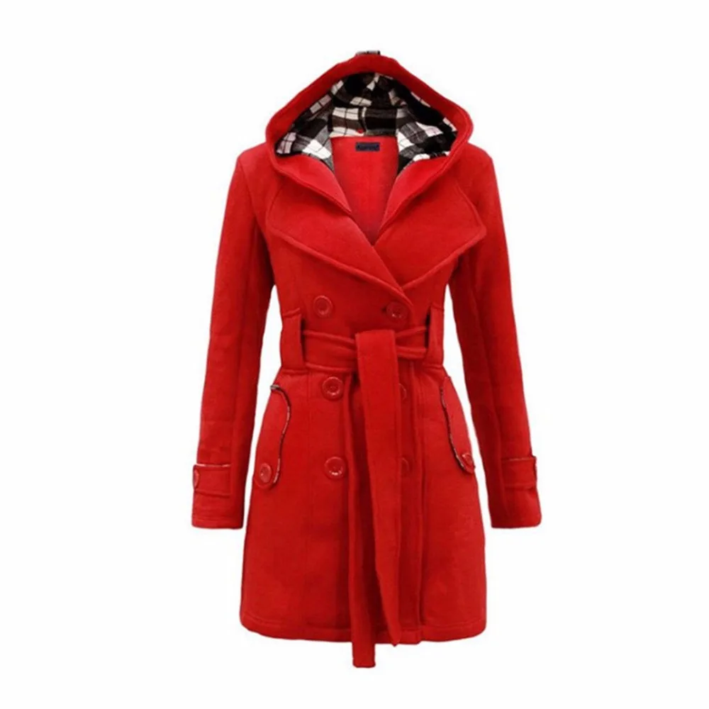 

2019 Autumn Winter Women Fashion Long Wool Coats Red Outerwear Female Coat with Hat Casual Jackets Warm Fleece For Lady Overcoat