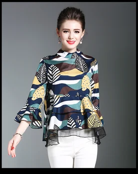 

2017 Summer New Fashion Chiffon Women's Flare Sleeve Print Ruffles Tops