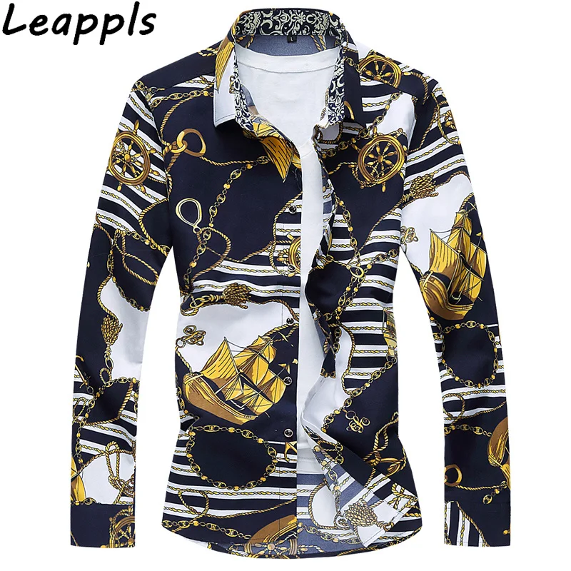 

leappls Plus size 6XL 7XL Shirts men dress fashion sailboat pattern Long sleeve men shirt camisa Casual Hawaiian shirt male new