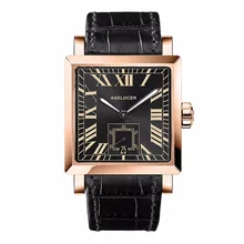 Agelocer Luxury Automatic Watches for Men Genuine Leather Strap Rose Gold Square Watches with Date 3303D1