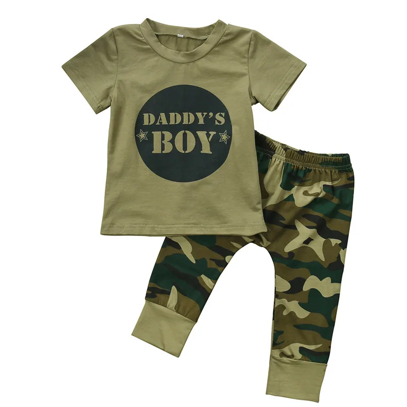 

Summer Casual Baby Clothing Newborn Baby Boys Girls Camouflage Short Sleeve Letter T shirt Tops Pants Outfits Set Clothes 0-24M