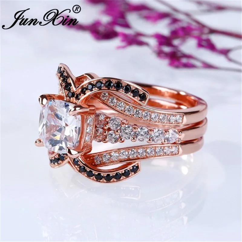 JUNXIN Creative Cross X Ring Sets For Women Rose Gold Filled White Black Zircon Stone Wedding Ring Female Round Crystal Ring CZ