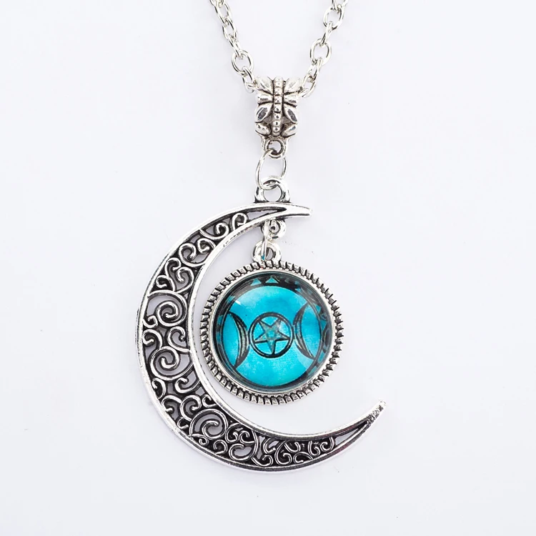 Chaîne en argent Triple Lune Déesse Pendentif Noir Wiccan bijoux Lune Déesse Collier En Verre Dôme