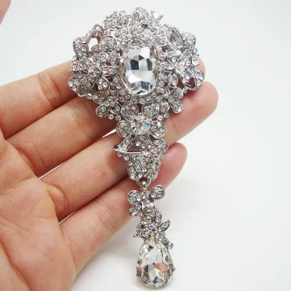 

Bride Wedding Flower Drop Clear Rhinestone Crystal Pendant Bouquet Brooch Pin