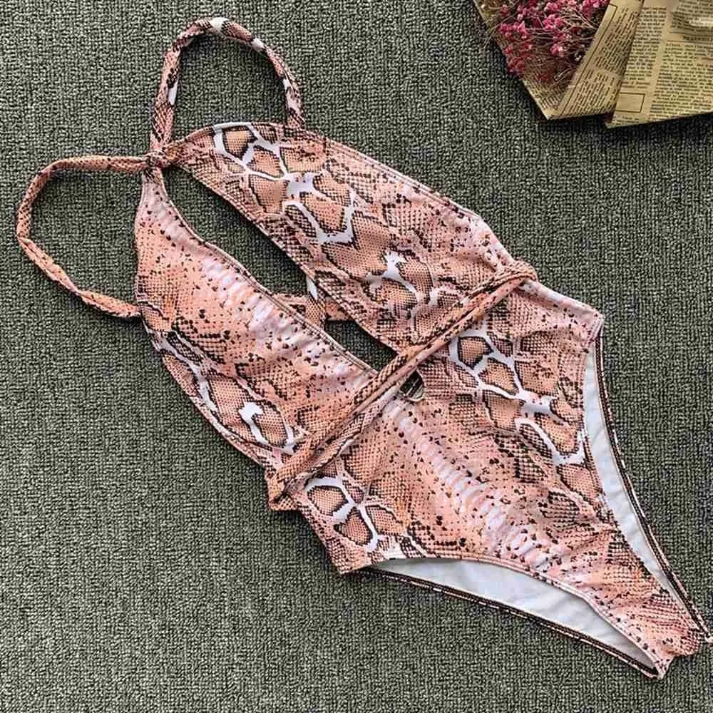 Женский купальный костюм со змеиным принтом розовый Леопардовый монокини с