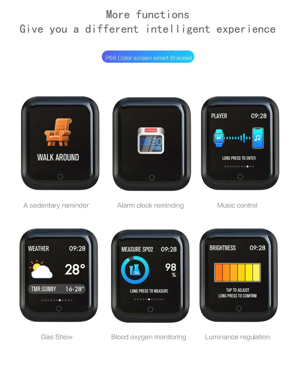 Спортивные Смарт-часы P68, смарт-браслет, монитор сердечного ритма, фитнес-браслет, IP68 водонепроницаемый смарт-браслет, Bluetooth, для IOS, Android, телефона