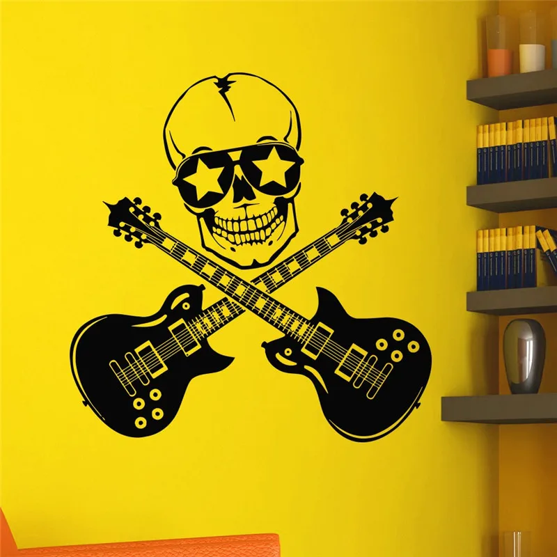 Rock Art Creative Designed Wall Stickers Double Guitars With Skull