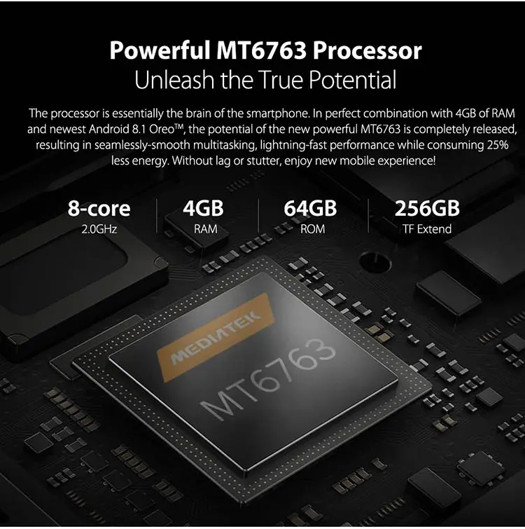 ULEFONE X 4GB RAM 64GB ROM MTK6763 2.0GHz Octa Core 5.85 Inch HD+ Full Screen Dual Camera Android 8.1 4G LTE Smartphone
