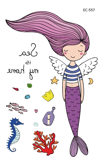 Горячая Русалка Дизайн татуировки Временные водонепроницаемые рыбы девушка принцесса мультфильм маленькие поддельные татуировки для детей девочек - Цвет: EC-557