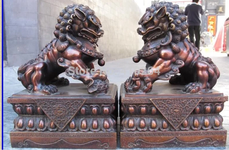 10 Китайский Красный Бронза Медь Фэн-Шуй Зло Дворец Дверь Foo Dog Лев Статуя Пара