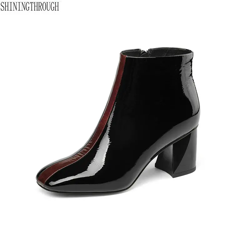 

New women genuine leather ankle boots 6cm thick high heels ladies dress shoes square toe autumn winter boots woman large size 43