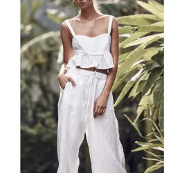 2019 Verano Mujer Blanca Correa de Espagueti Volantes sin Mangas Tops de Cosecha Y Pantalones Sueltos para Mujer de Playa Casual Trajes de Dos Piezas 2019 Verano Mujer Blanca Correa de Espagueti Volantes sin Mangas Tops de Cosecha Y Pantalones Sueltos para Mujer de Playa Casual Trajes de Dos Piezas