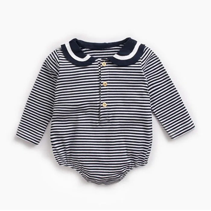Комбинезон для новорожденных девочек, хлопковый клетчатый комбинезон с длинными рукавами, весенне-осенняя одежда для маленьких девочек 0-3 лет - Цвет: Dark blue stripe