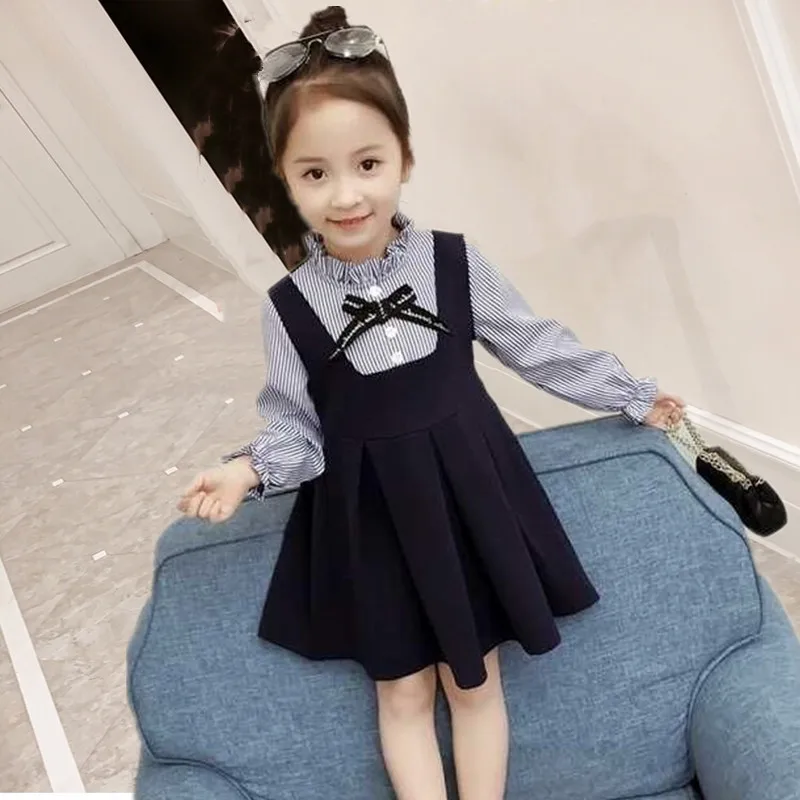 

2019 Girls Striped Fashion Dress Long Sleeve Kid Spring Summer Clothes Patchworking Dresses