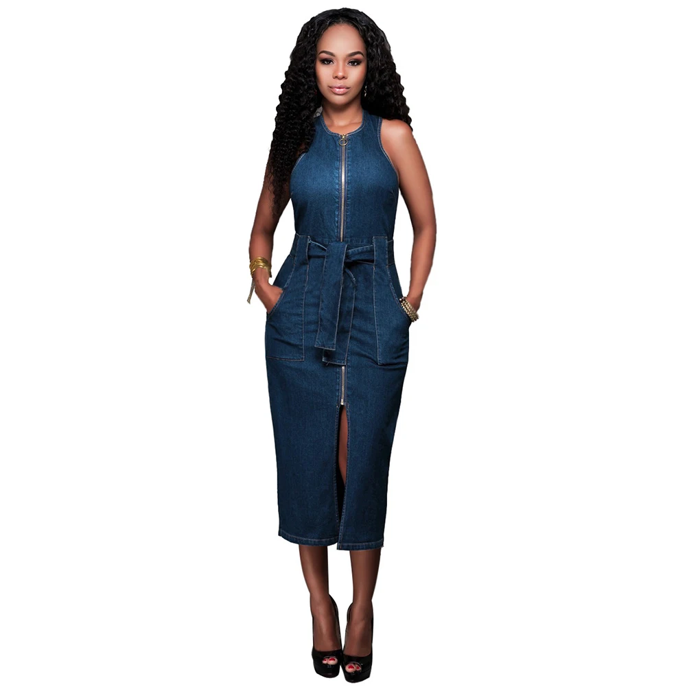 

Dresses for Women 2023 Sexy Sleeveless Front Pocket Belt Zipper Slit Slim Fit Bodycon Denim Dress vestido de mujer femme robe