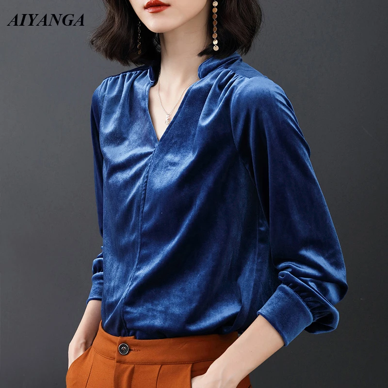 S 4XL blusa de terciopelo Otoño Invierno Mujer Camisas de mujer elegante blusas de manga larga cuello en V de tamaño para las mujeres|Blusas y camisas| AliExpress