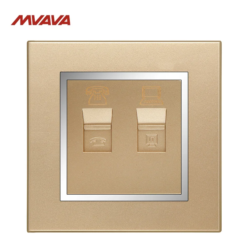 

MVAVA RJ45 PC Network + RJ11 TEL Socket Luxury Chromed PC Gold Plug Port Universal Phone and Computer Wall Outlet Free Shipping