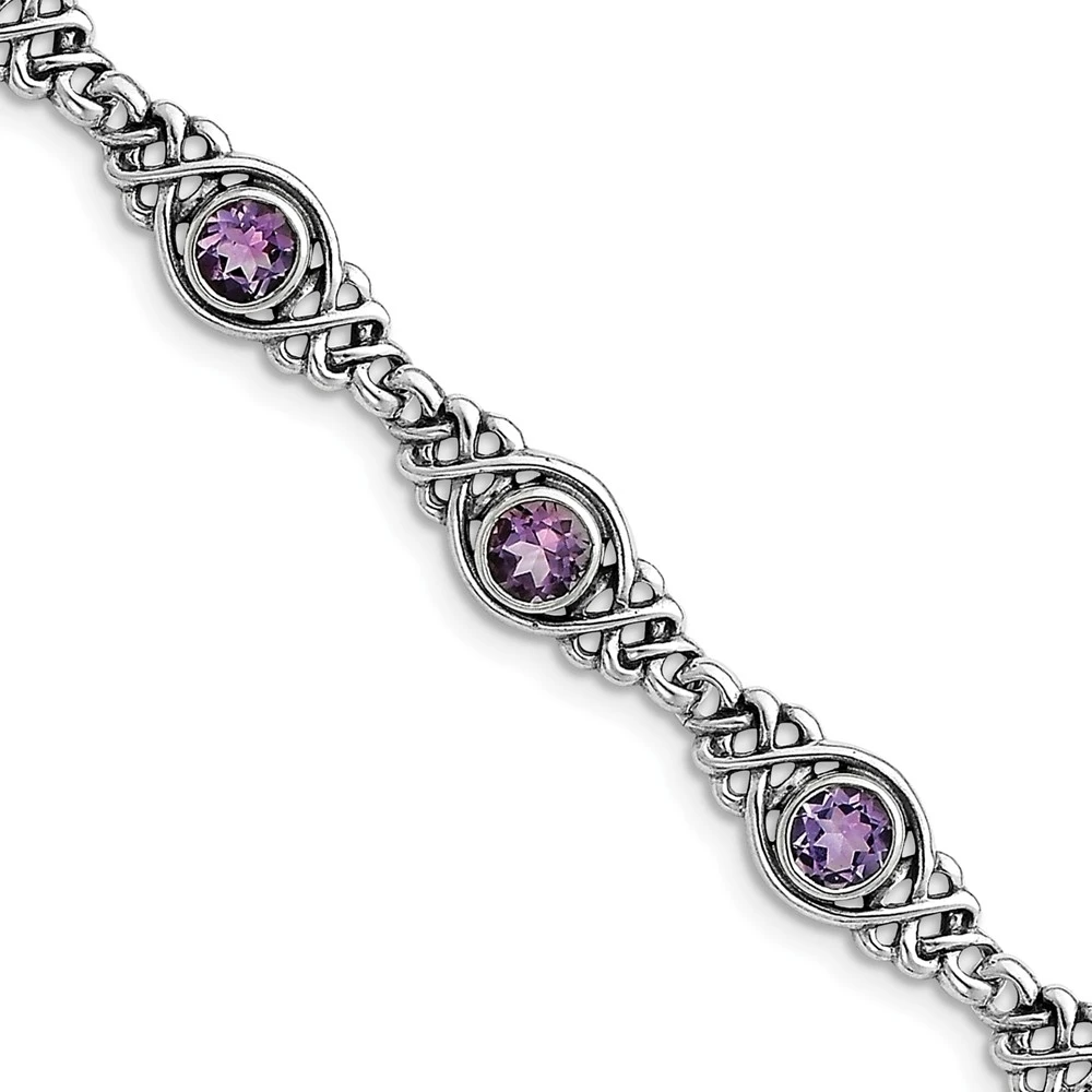 Silver Polish Finish Amethyst Gemstone Bracelet