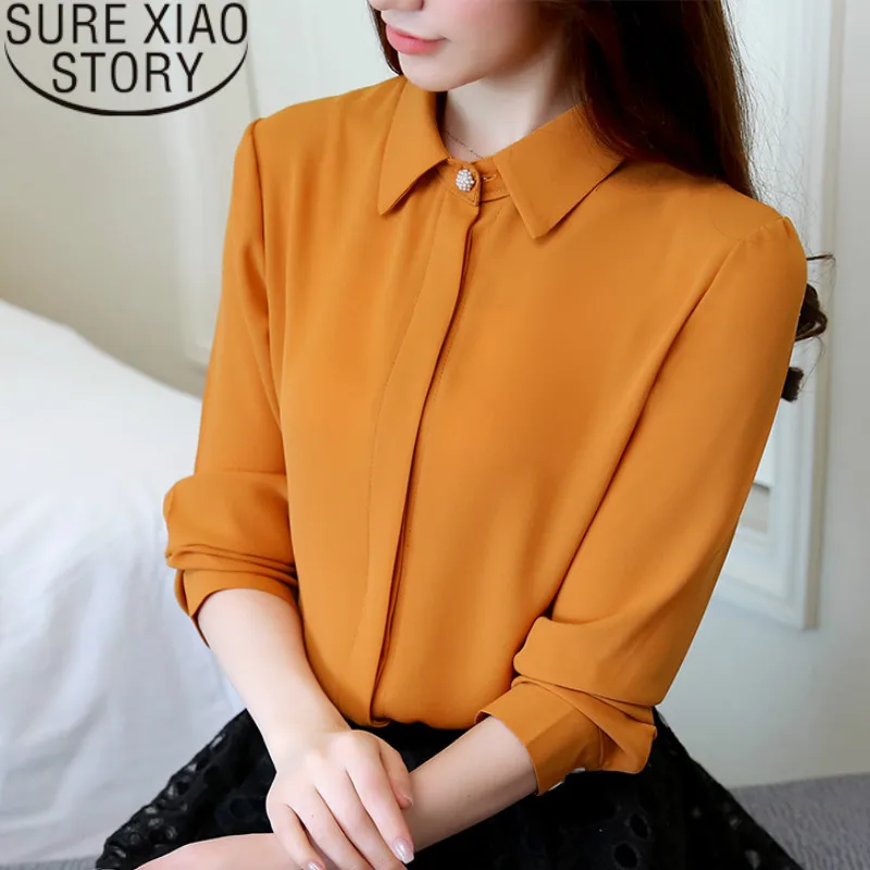 

blusas mujer de moda 2019 womens tops blouses korean fashion clothing Button Solid Turn-down Collar chiffon blouse 2268 50