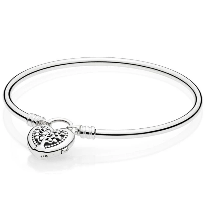 

New 925 Sterling Silver Bangle MOMENTS Tree of Life Love Heart padlock Clasp Bracelet Bangle Fit Bead Charm DIY Pandora Jewelry