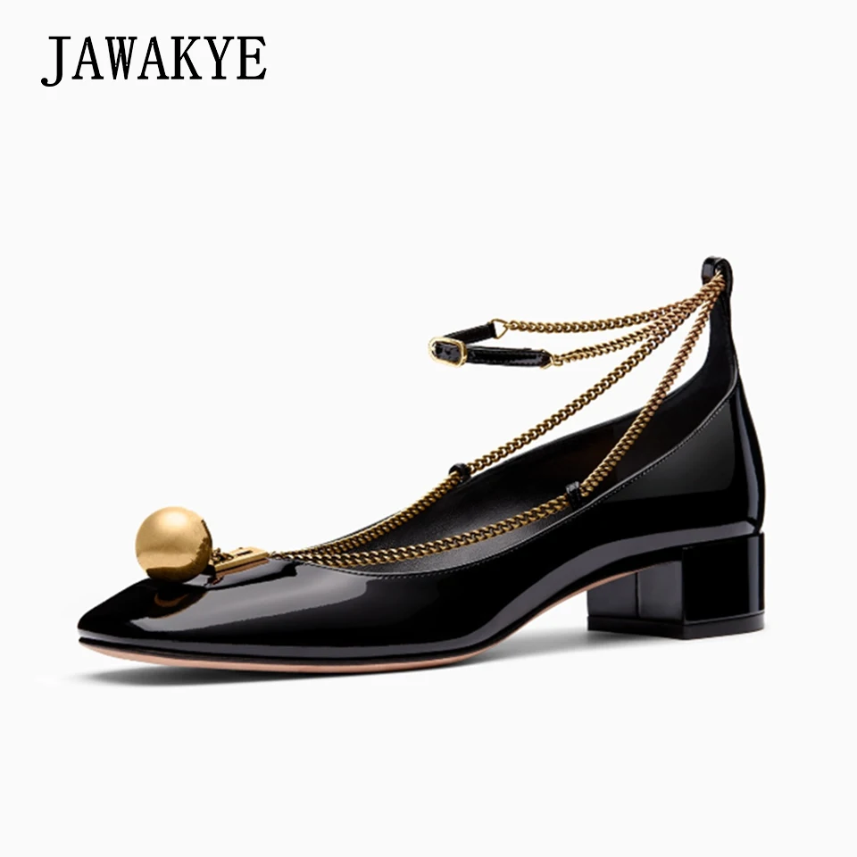 

2018 New Style Genuine Leather Flat Shoes Women Gold metal ball Fine chain ankle strap ladies Single shoes Casual flats Black