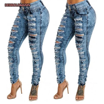 

Women Torn Pants High Waist Broken Jeans Ripped Denim Slim Pencil Pants Hollow Out Jeans with Button Zipper Women Denim