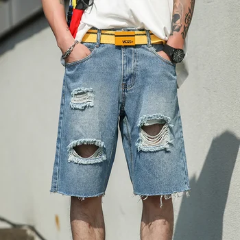 

Summer New Trend Fit Straight Jeans Loose and Comfortable Hole Jeans Casual Knee Length Short Youth Handsome Denim Shorts