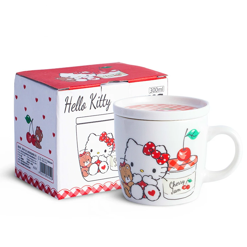 Hello Kitty Mug Ceramic Tea Cup With Lid Cute Kitty Cat Teacup Cover