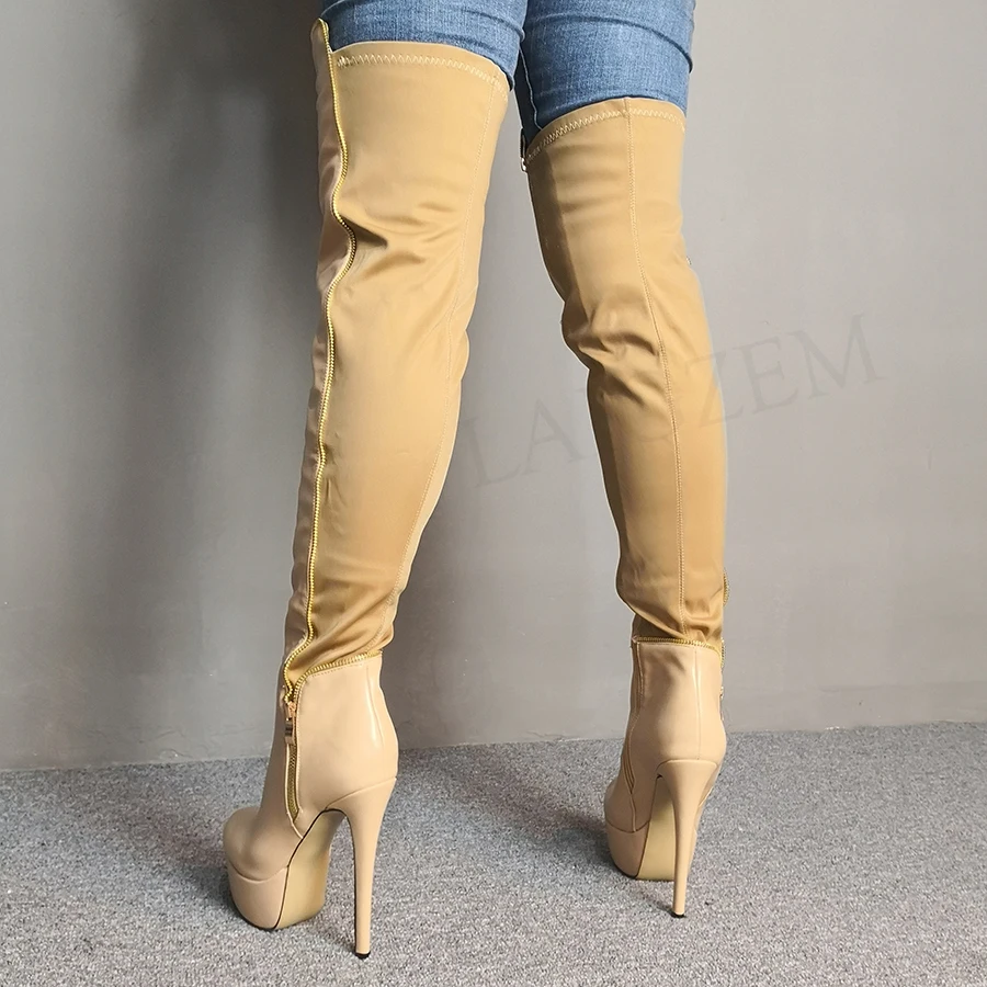 LAIGZEM Botines Mujer Women Thigh High Boots Elastic Wide Calf Platform High Heels Long Tall Party Club Shoes Large Size 34-52 (2)