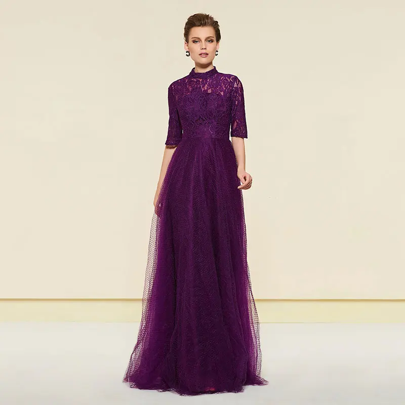 

Tanpell half sleeves evening dress high neck lace button floor length a line gown women custom formal long evening dresses 2019