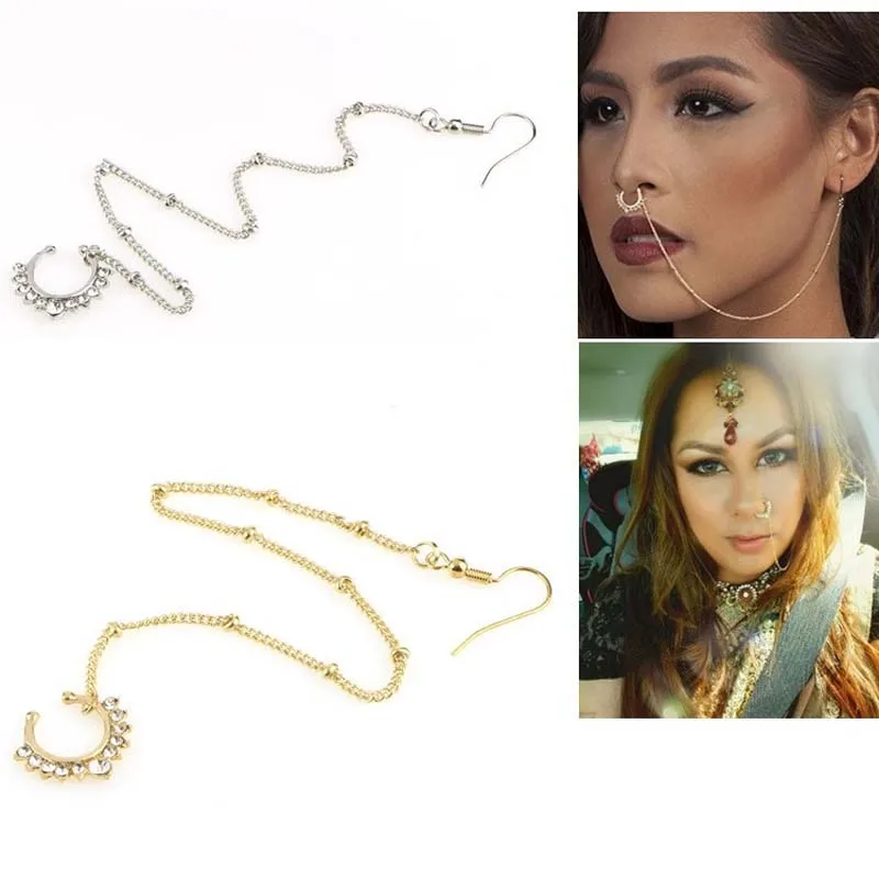 

New Stainless Steel Nose Rings Studs Fake Septum Piercing Crystal Nose Hoop Fake Nose Rings&Studs Ear Chain Women Body Jewelry