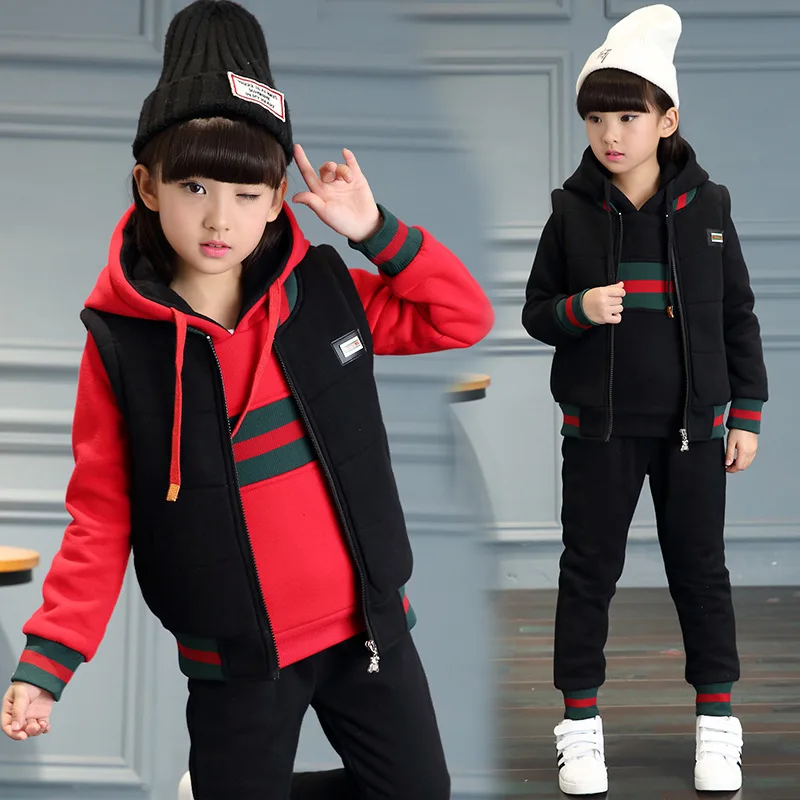 

big girls thick warm set clothes winter 2017 children Hooded clothing 3 piece kids baby girl casual sets for 3 4 6 8 10 12 years